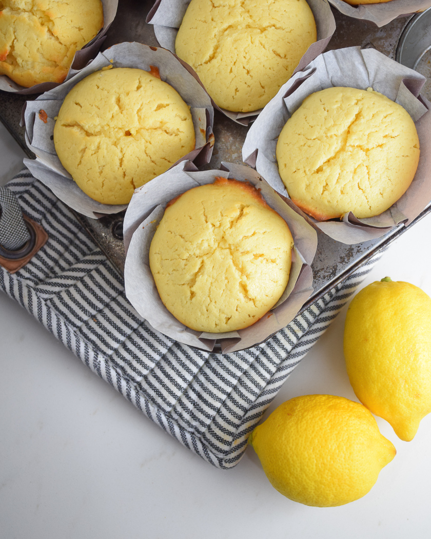 yellow muffin cakes in pan with striped oven mitt and two lemons