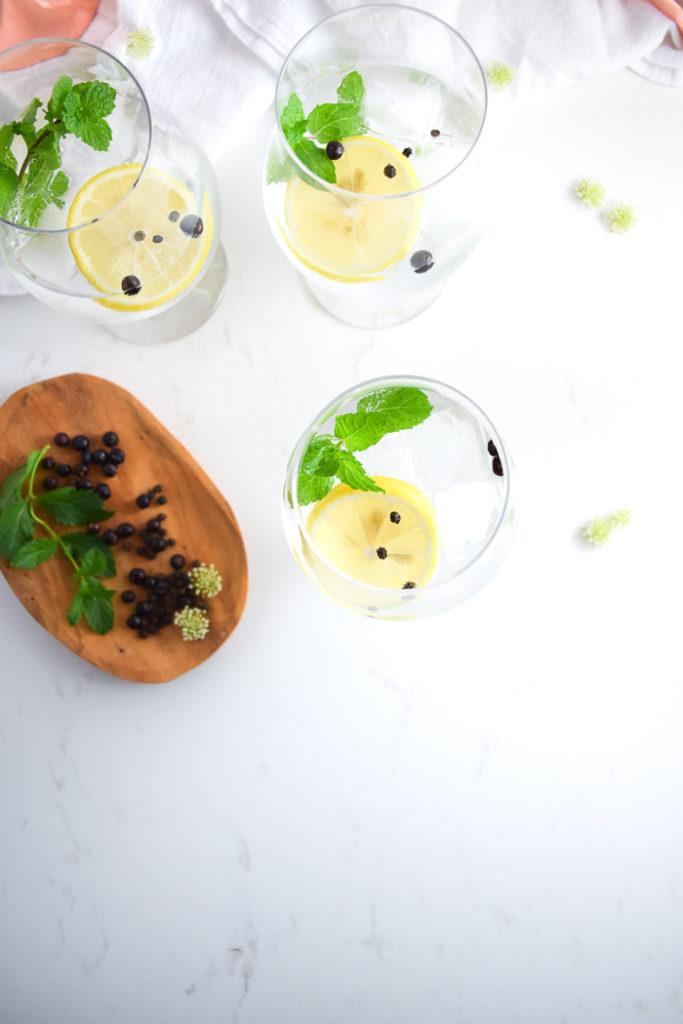 Photo of two glasses with clear liquid and ice cubes, lemon slice, mint sprig and peppercorns on a white surface