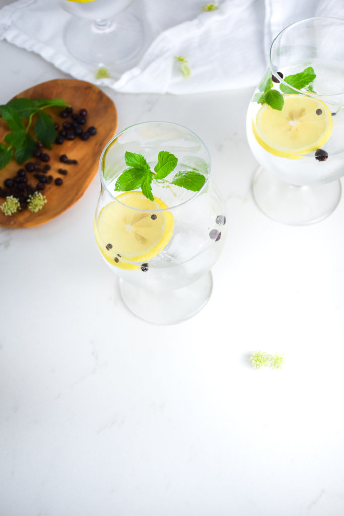 Photo of two glasses with clear liquid and ice cubes, lemon slice, mint sprig and peppercorns on a white surface