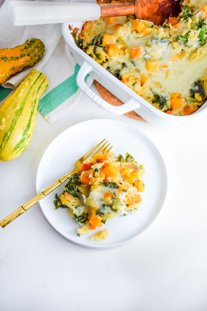 Kale Orzo and Butternut Squash Casserole