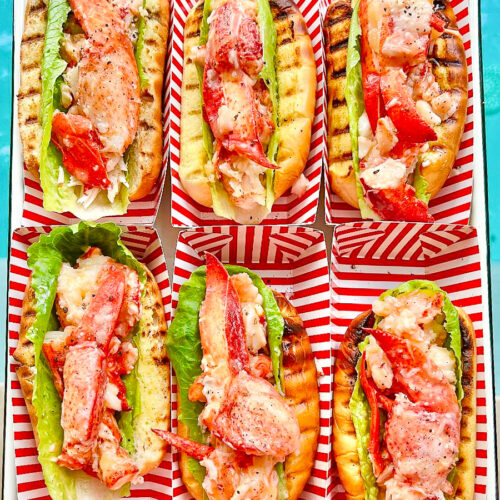 Lobster Rolls in red and white striped trays