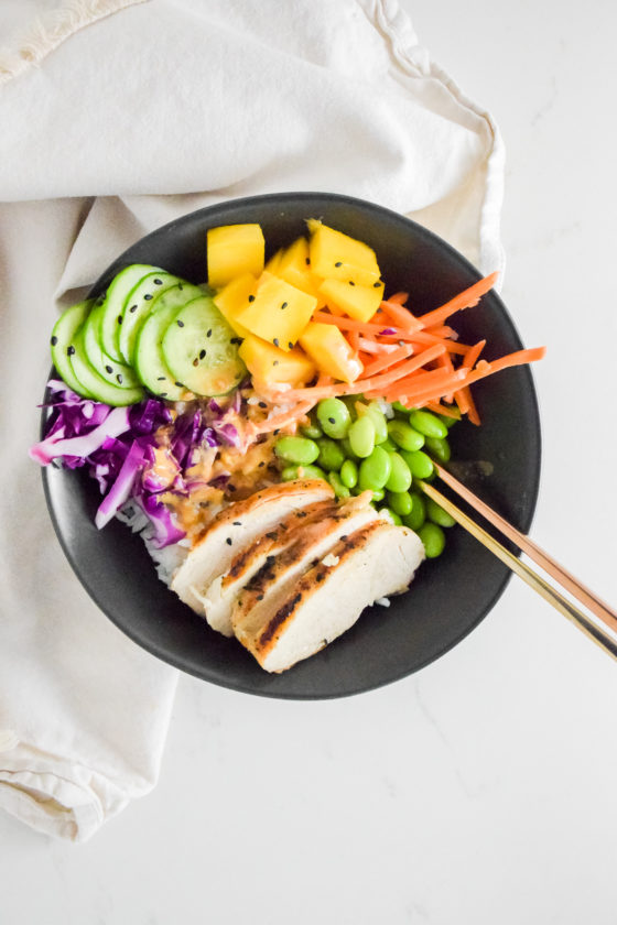 Mango, Chicken and Rice Bowls with Edamame and Spicy Peanut Sauce