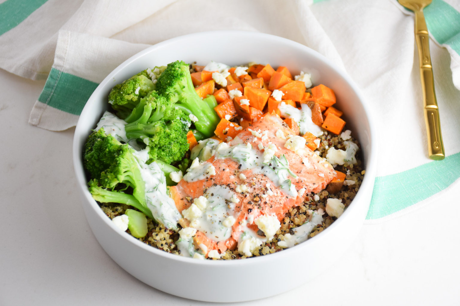 Roasted Salmon Buddha Bowls with Lemony Dill Sauce Natalie Paramore