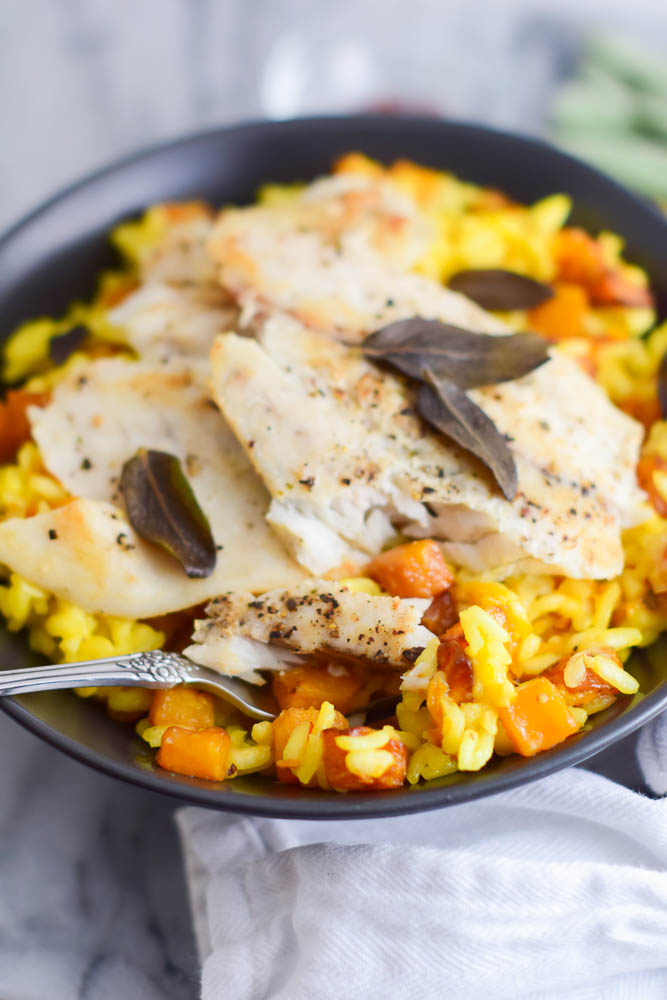 Saffron Risotto with Roasted Butternut Squash and Seared Barramundi ...