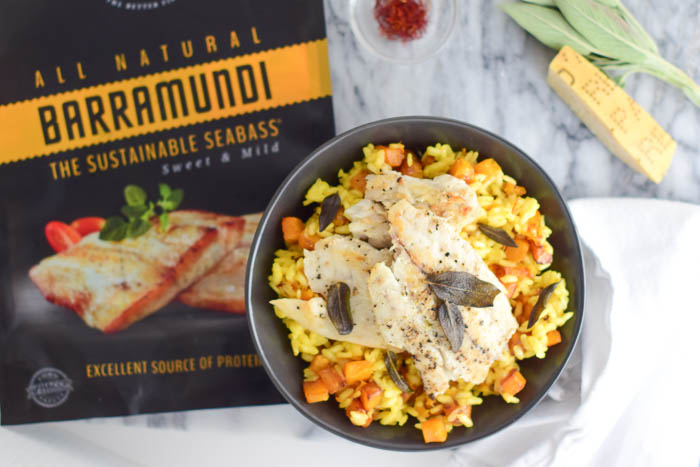 Saffron Risotto and Roasted Butternut Squash and Seared Barramundi_ Natalie Paramore